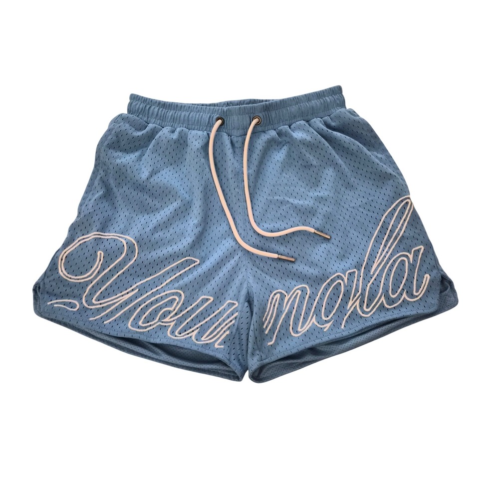 YoungLA 155 Mesh Gym Shorts Blue Script Logo YLA2819 Mens Small